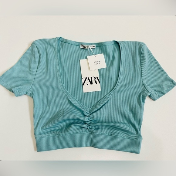 NEW! ZARA RIBBED Crop Top With Ruching In Front NWT Size Small Blue - Picture 2 of 7